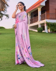 Pink Satin Floral Printed Saree