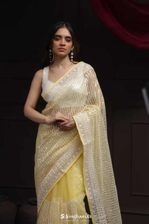 Butter Yellow Net Designer Saree With hand Embroidery