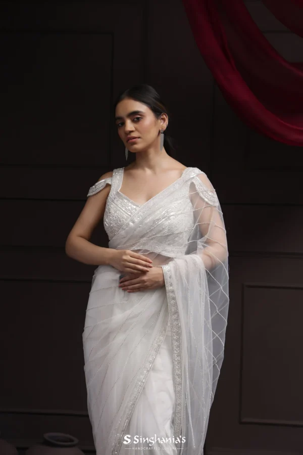 Mercury White Net Saree With Hand Embroidery