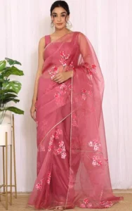 Onion Pink Handpainted Organza Saree